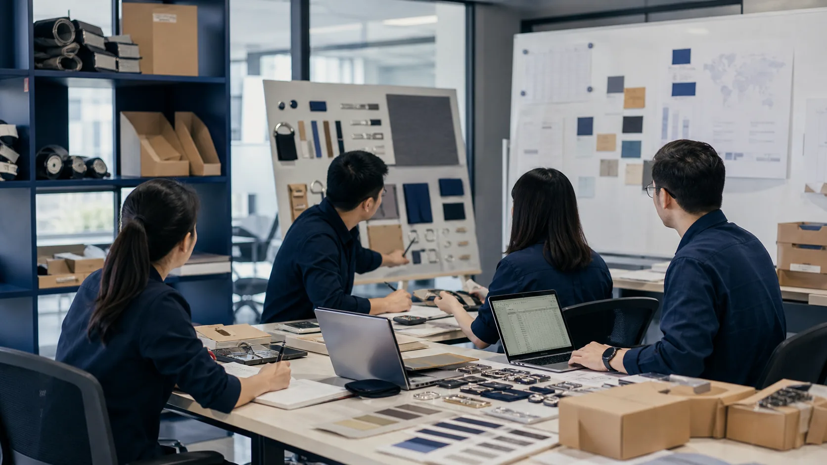 Easysail China Sourcing team reviewing product samples and project documents