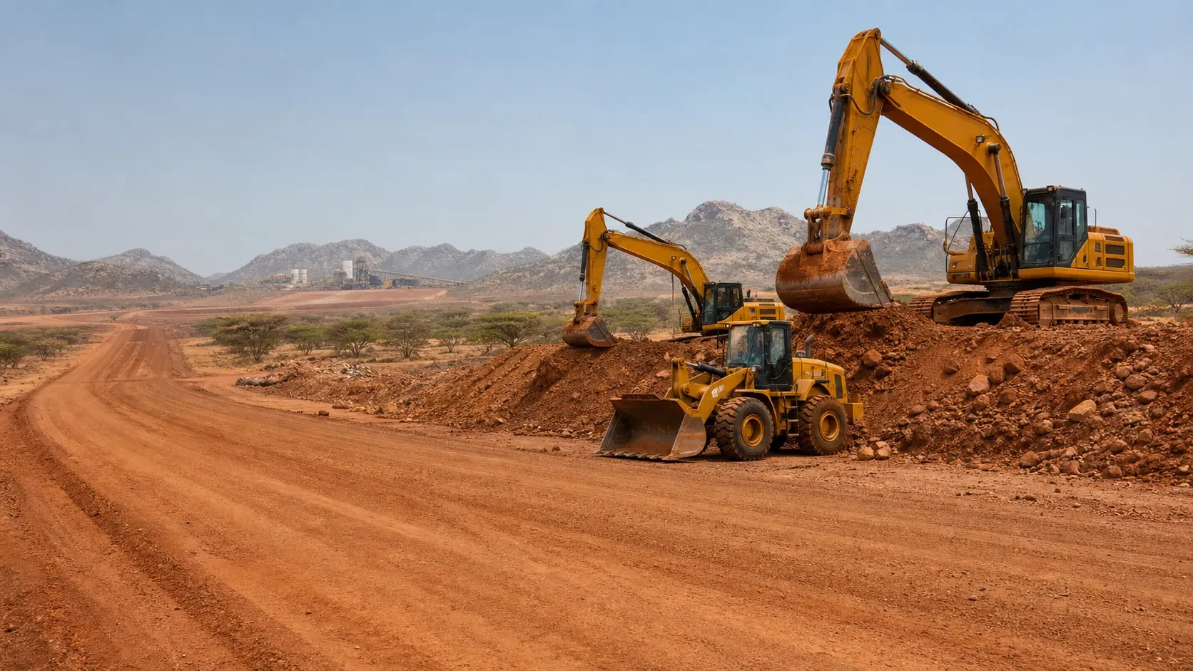 Excavators and construction equipment working in an African infrastructure environment
