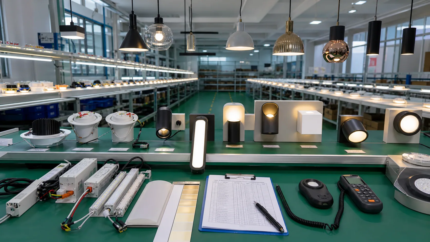 Commercial and hotel lighting fixtures undergoing inspection in a Chinese factory