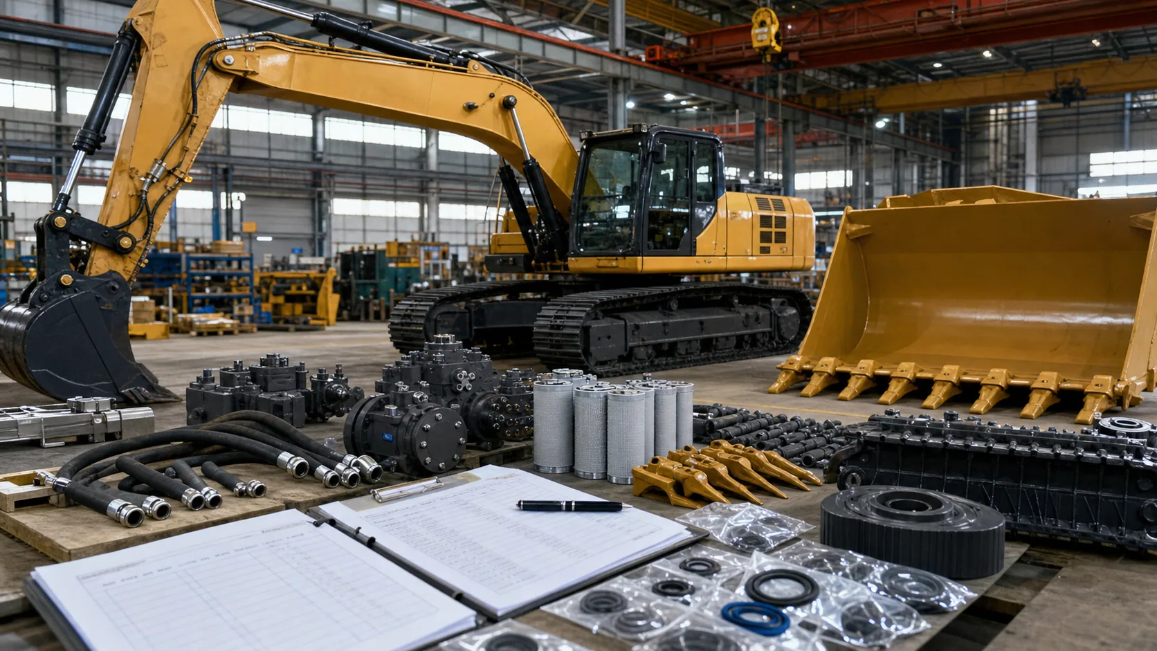 Construction machinery and replacement parts checked for an overseas project
