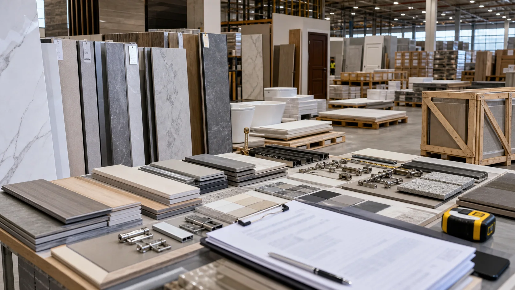 Foshan tiles, wall panels, flooring, sanitary ware and hardware samples for project sourcing