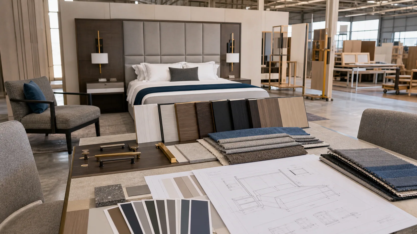 Hotel furniture and interior finish samples prepared for procurement review in Foshan