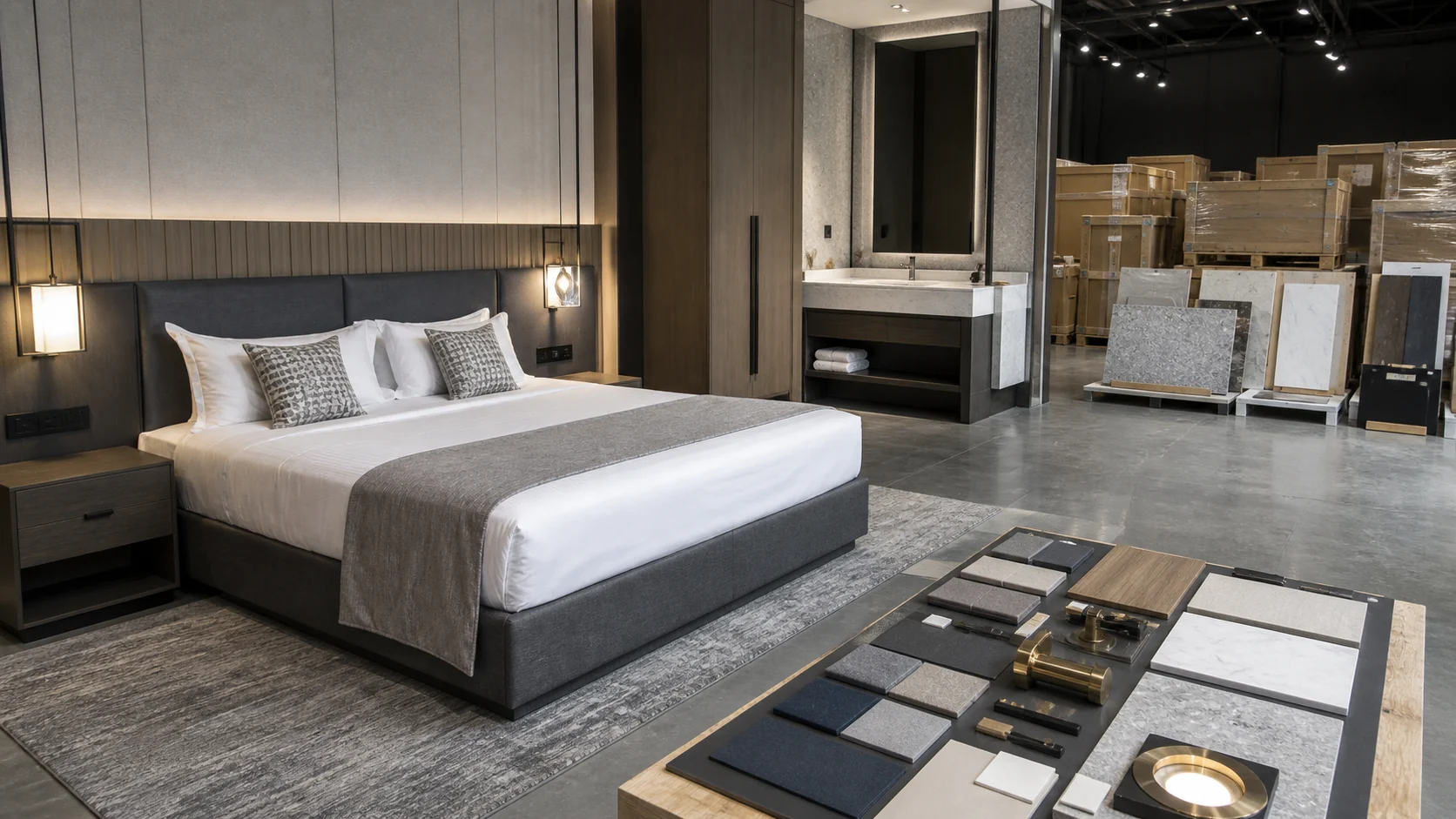 Hotel guest-room mock-up, furniture and building-material samples coordinated as one project