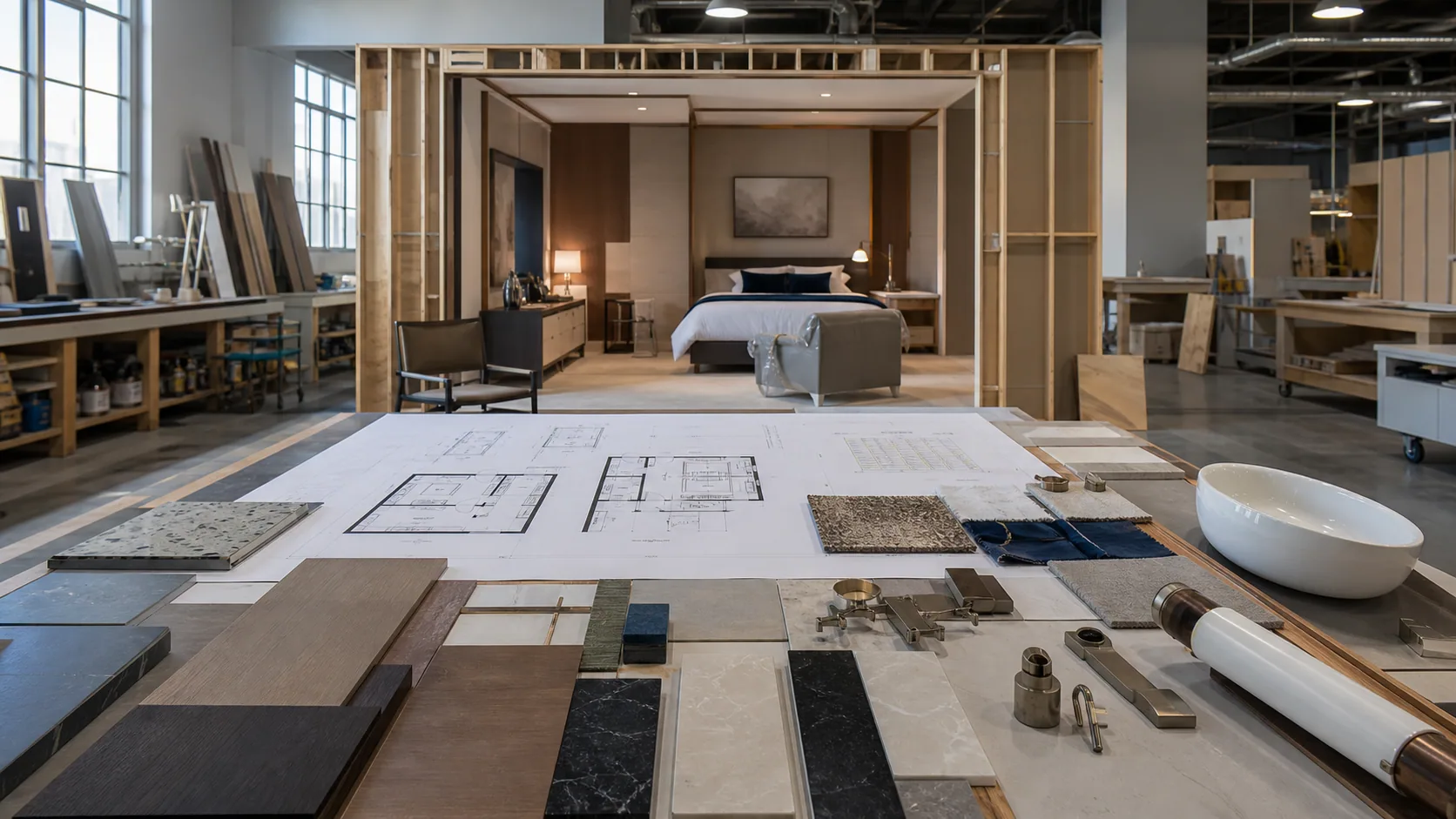 Hotel design plans, building material samples and furniture procurement coordination