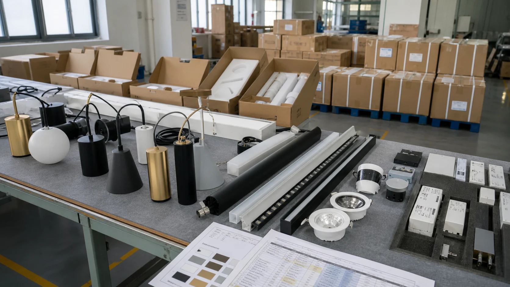 Commercial lighting fixtures, drivers and export cartons staged after final inspection