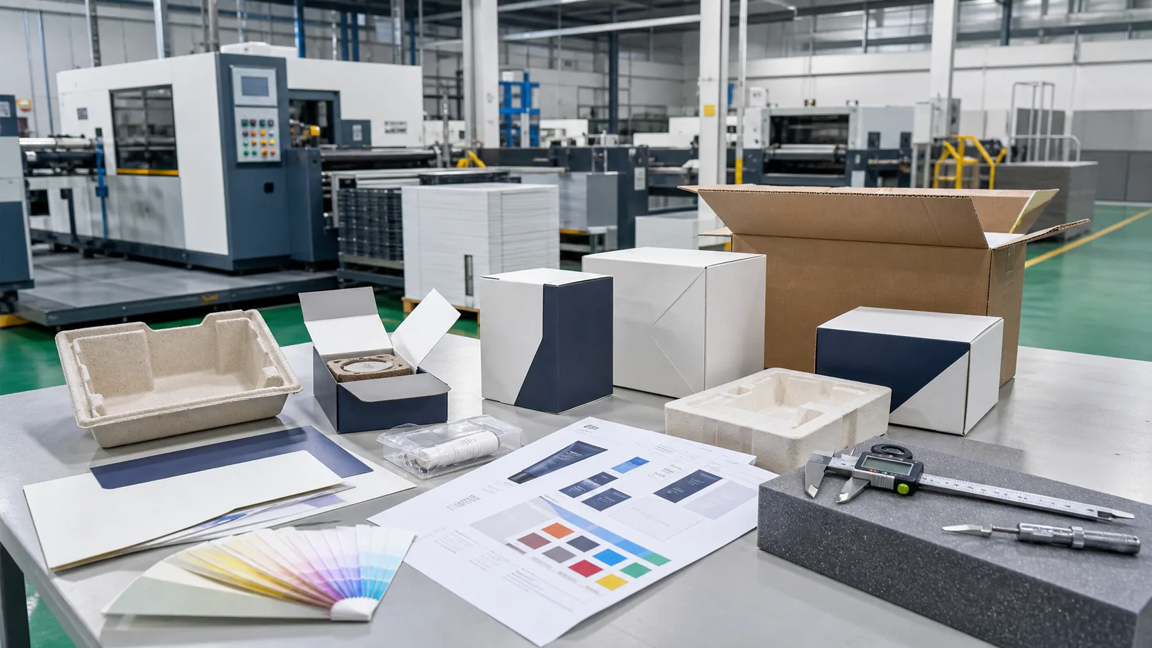 Custom printed packaging, labels and export cartons undergoing production inspection