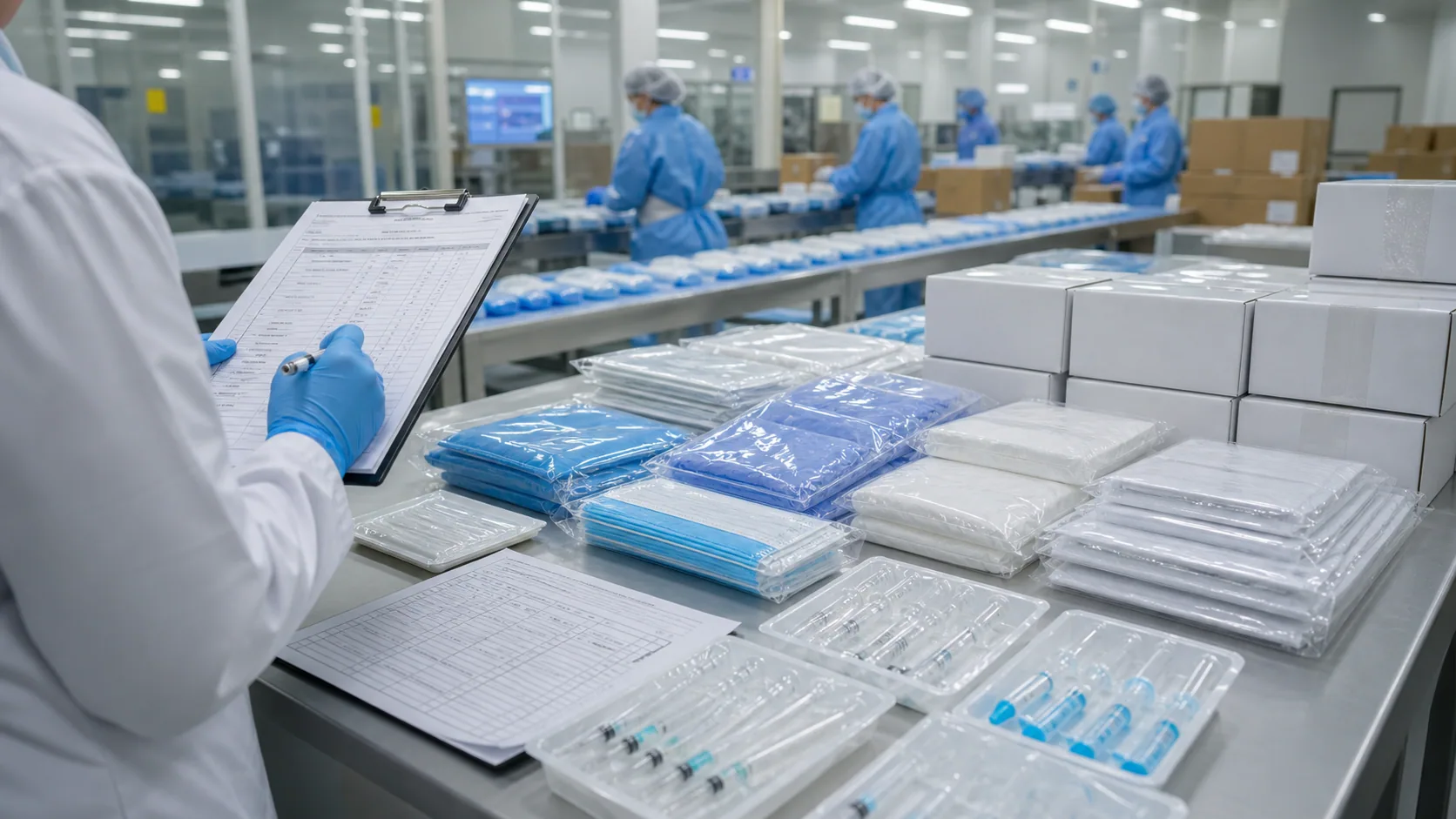 Disposable medical supplies, documentation and supplier samples prepared for institutional procurement