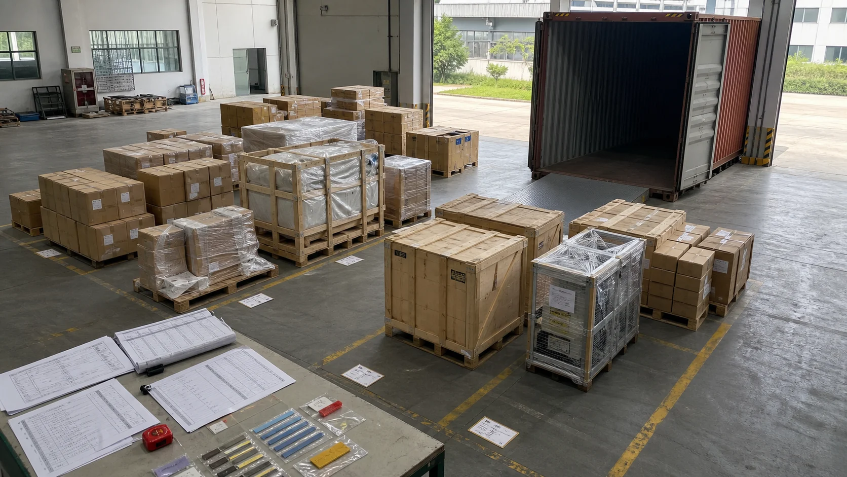 Different supplier cargo groups staged in one warehouse for consolidated container loading