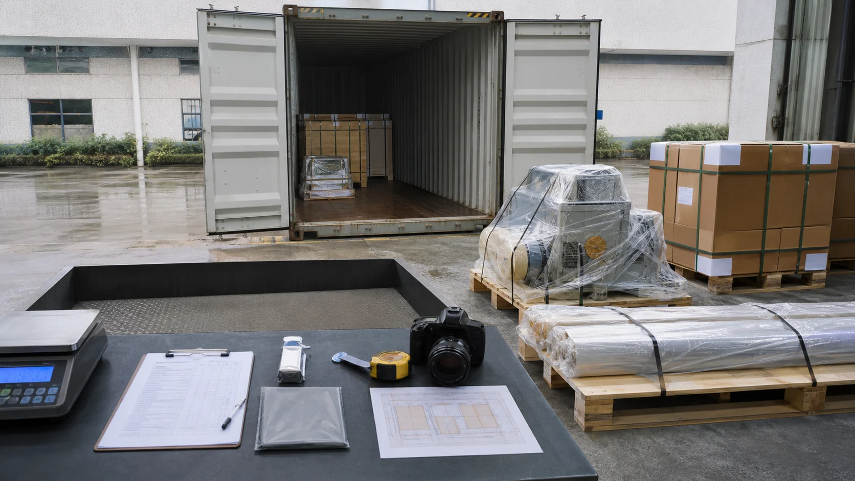 Inspected export cargo, loading records and an open container before shipment release
