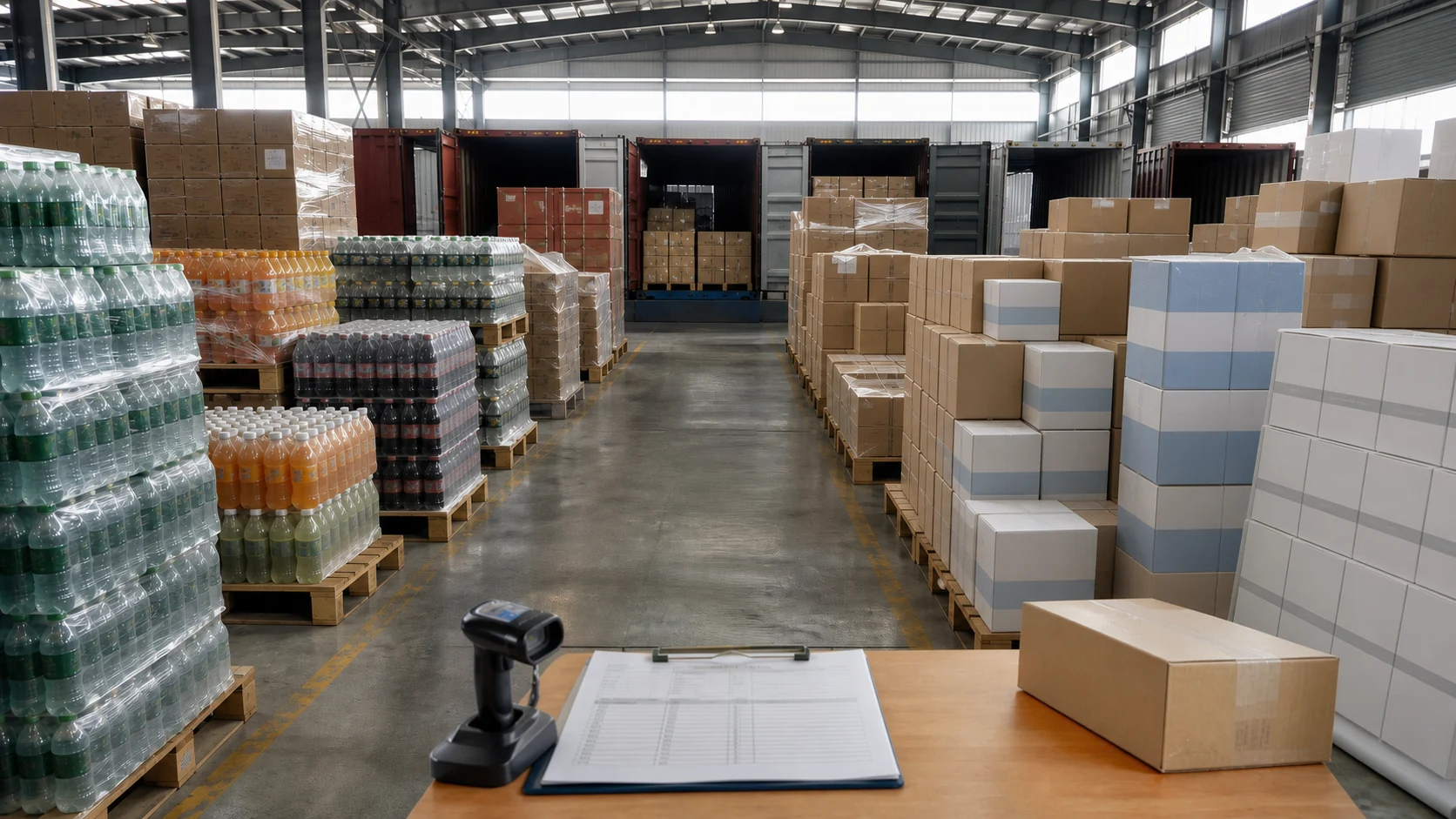 Beverage pallets and unbranded diaper cartons organized for recurring container shipments