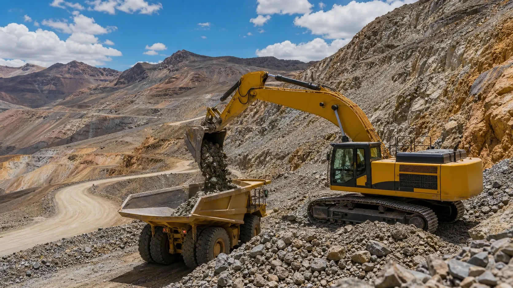 Large excavator and haul truck operating in a South American open-pit mining environment